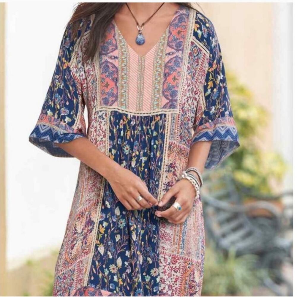 Sundance My Favorite Dress Size Large Patchwork Boho Floral Cottage Kimono Tunic